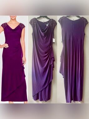 ALEX EVENINGS MOM of BRIDE BEADED CAP SLEEVE COWL NECK GOWN AMETHYST Sz.14~NWT